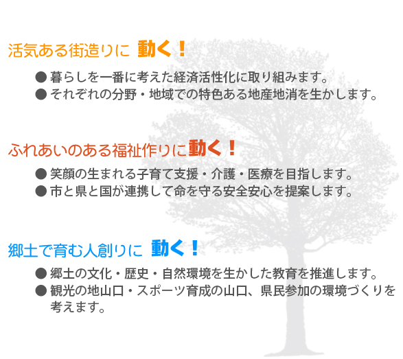 私は、防府から県へ国へと繋がる頑丈な架け橋をつくります。活気ある街造りに動く！ふれあいのある福祉作りに動く！郷土で育む人創りに動く！